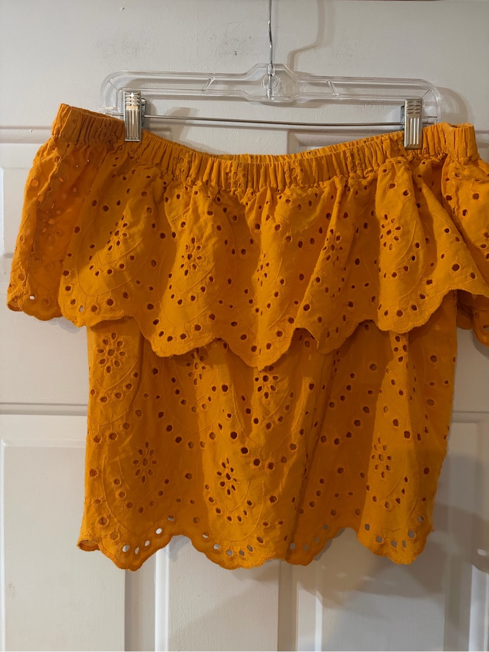 Express mustard yellow gold off shoulder ruffle eyelet crop top Size large.
